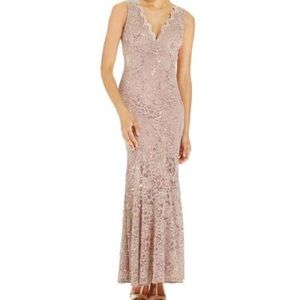 Taupe Nightway Illusion Lace Gown